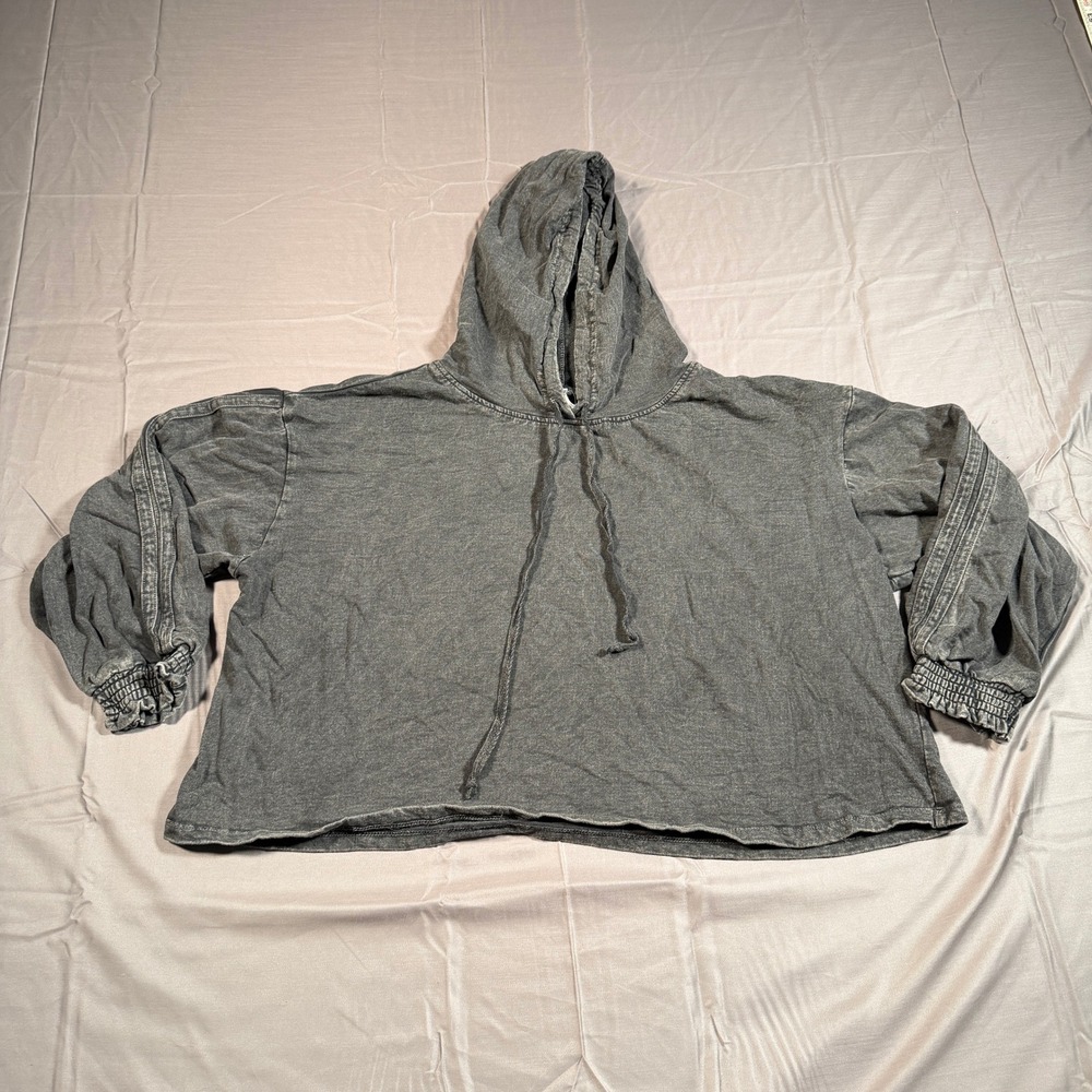 IT'S Women Acid Wash Cropped Hoodie Charcoal Grey Cotton Sweatshirt 2X RN37080